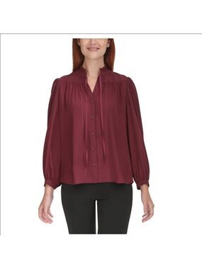 ​DKNY Burgundy Ruffle Tie Neck Button Front Long Sleeve Blouse Size Medium